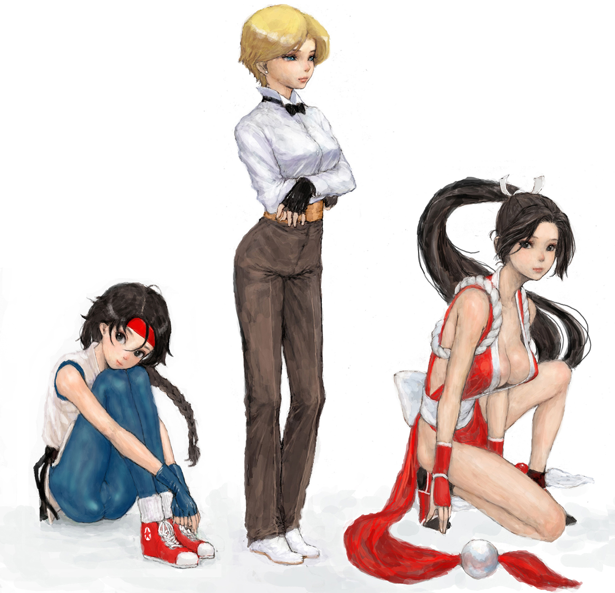 ponsuke (pon00000), king (snk), shiranui mai, yuri sakazaki, fatal fury, ryuuko no ken, snk, the king of fighters, bad id, bad pixiv id, highres, 3girls, ass, black hair, blonde hair, braid, brown hair, headband, high-waist pants, kneeling, long hair, multiple girls, pants, pelvic curtain, shoes, short hair, single braid, sneakers, squatting, very short hair