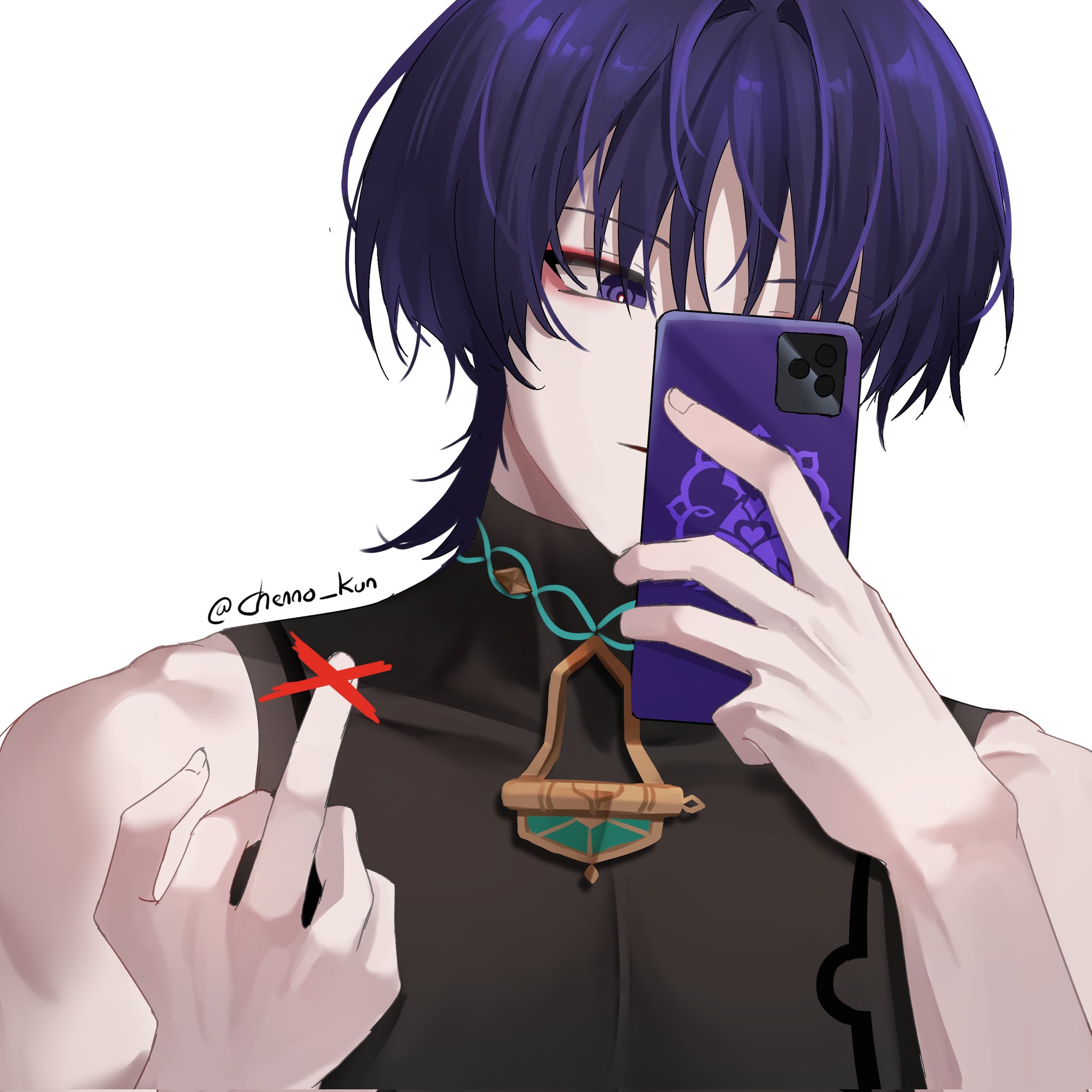 scaramouche (genshin impact), wanderer (genshin impact), genshin impact, highres, 1boy, black shirt, blunt ends, cellphone, chenno kun, holding, holding phone, male focus, mandarin collar, middle finger, phone, purple eyes, purple hair, shirt, short hair, short sleeves, smartphone, solo