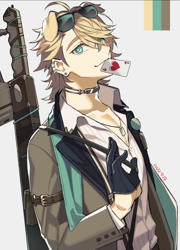 nishi juuji, tequila (arknights), tequila (cardwinner) (arknights), arknights, commentary, 1boy, :3, ace (playing card), ace of hearts, black gloves, blonde hair, brown jacket, card, card in mouth, choker, color guide, dated, earrings, eyewear on head, gloves, green eyes, half gloves, heart, jacket, jewelry, looking at viewer, male focus, mouth hold, mullet, multiple earrings, official alternate costume, playing card, plunging neckline, shirt, simple background, solo, sunglasses, weapon, weapon on back, white background, white shirt