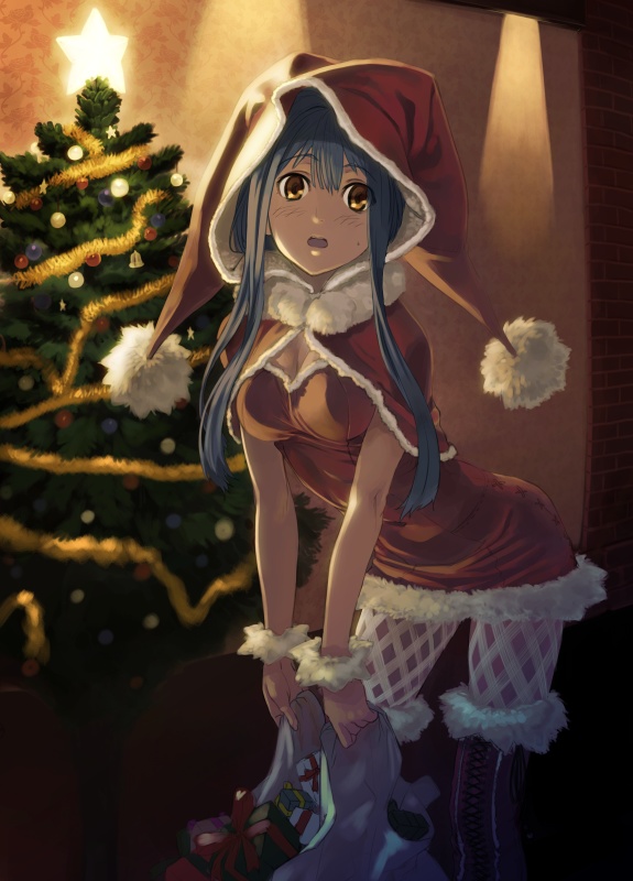 shimotsuki eight, original, bad id, bad pixiv id, 1girl, blue hair, blush, boots, breasts, brown eyes, capelet, christmas, christmas tree, female focus, hat, jester cap, lips, long hair, open mouth, pantyhose, santa costume, santa hat, solo, thigh boots, thighhighs