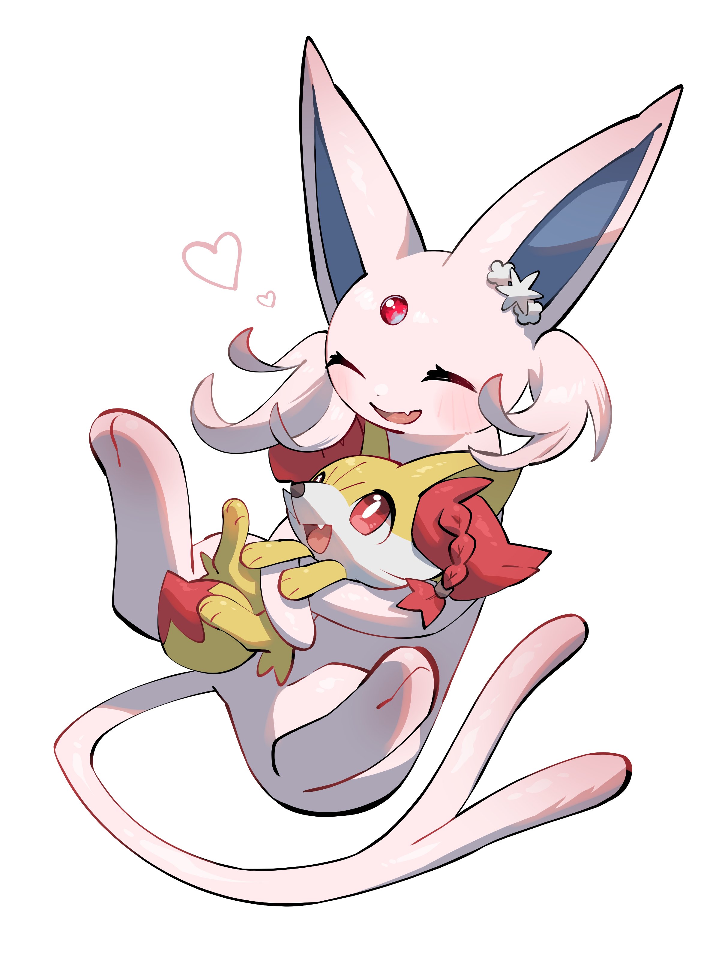 yumeminoideyu2, espeon, fennekin, nintendo, pokemon, absurdres, highres, :d, animal focus, animal hands, braid, bright pupils, closed eyes, fang, forehead jewel, forked tail, fox, full body, gem, gen 2 pokemon, gen 6 pokemon, hair ornament, hairclip, heart, hug, looking at another, no humans, open mouth, pokemon (creature), pokemon focus, purple fur, red eyes, red fur, red gemstone, simple background, sitting, skin fang, smile, tail, white background, white pupils, yellow fur
