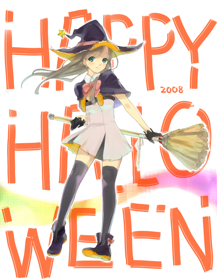 01 0219, original, bad id, bad pixiv id, 00s, 1girl, 2008, ankle boots, boots, broom, brown hair, female focus, green eyes, halloween, happy halloween, hat, long hair, smile, solo, thighhighs, witch hat, zettai ryouiki