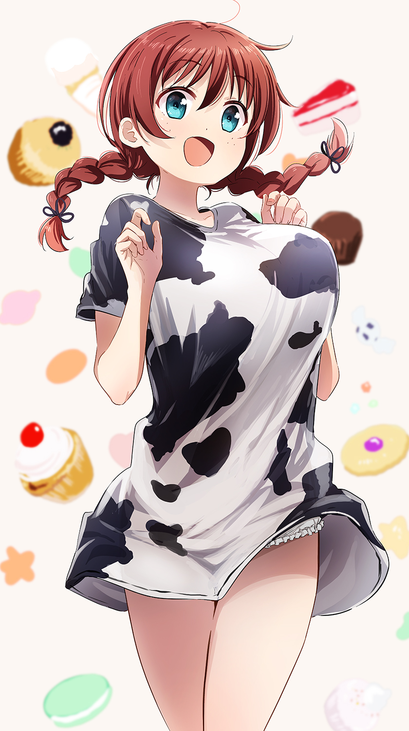 abe kanari, emma verde, love live!, love live! nijigasaki high school idol club, commentary request, highres, 1girl, :d, animal print, blue eyes, blush, braid, breasts, brown hair, cow print, cowboy shot, cupcake, food, freckles, hands up, large breasts, looking at viewer, macaron, open mouth, short sleeves, smile, solo, twin braids