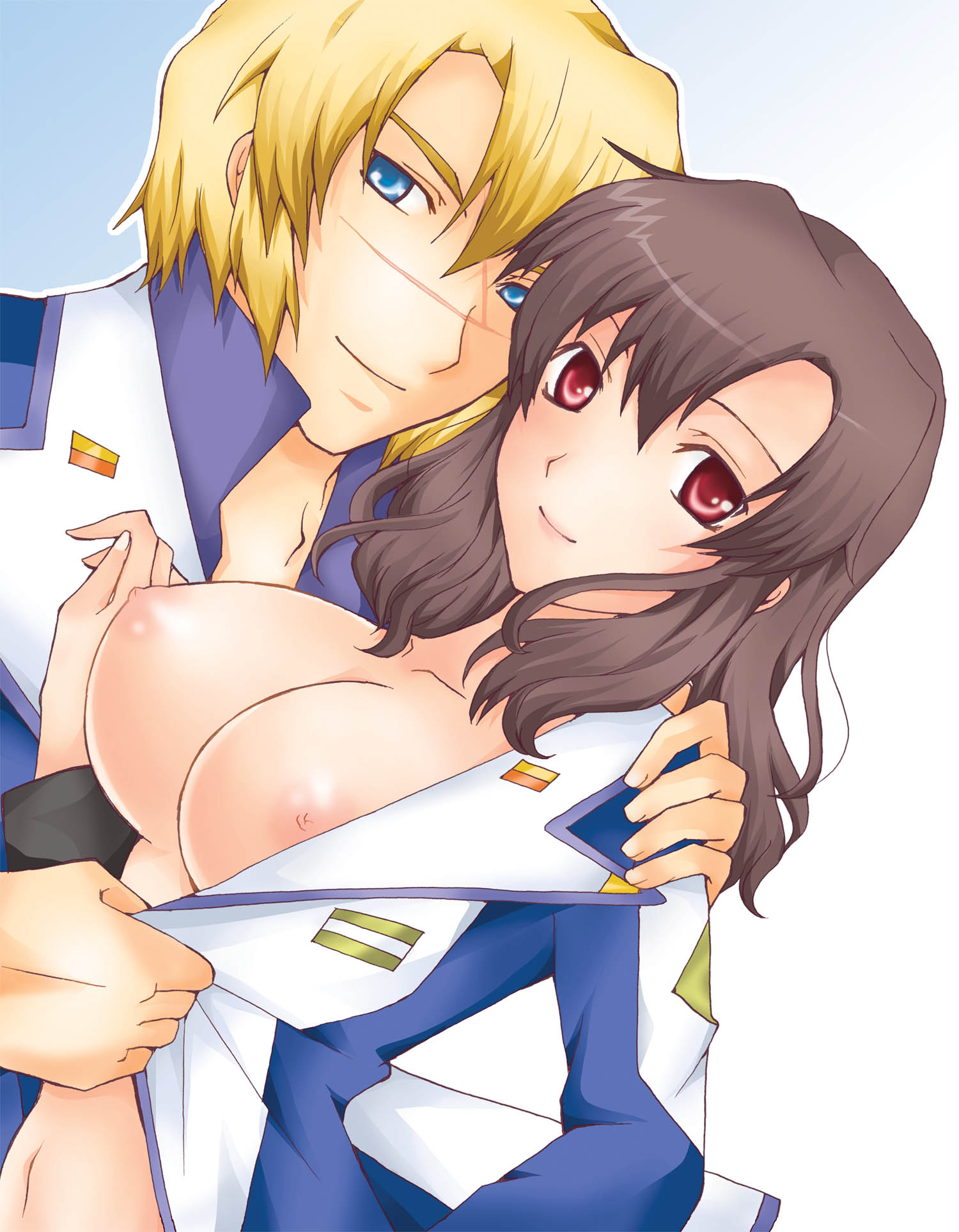 amane mari, amanemari, mu la flaga, murrue ramius, gundam, gundam seed, gundam seed destiny, uniform, bad id, bad pixiv id, highres, 00s, 1boy, 1girl, blonde hair, blue eyes, breasts, brown hair, nipples, no bra, open clothes, open shirt, red eyes, shirt, short hair