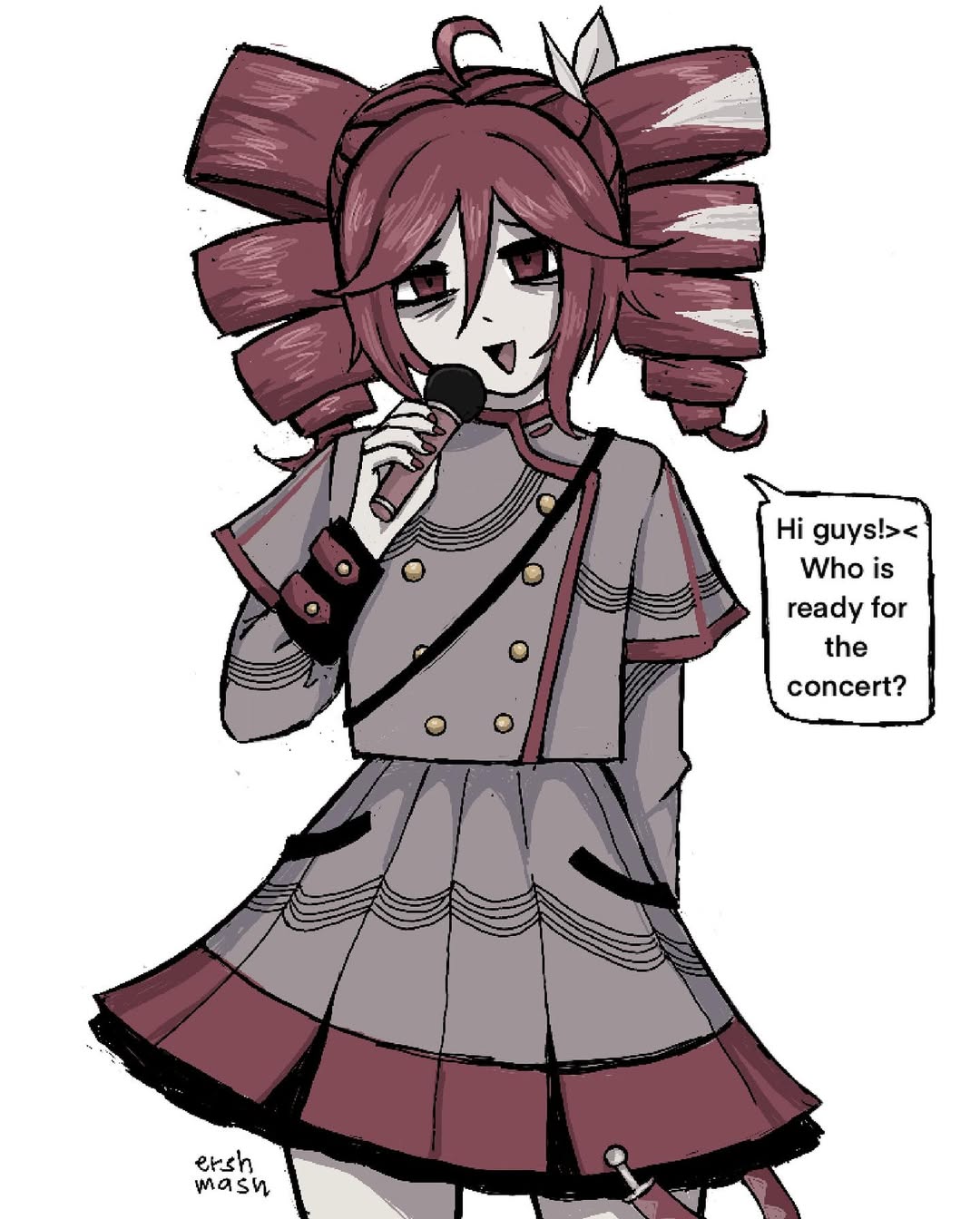 ershmash, kasane teto, utau, highres, 1girl, ahoge, bags under eyes, buttons, double-breasted, drill hair, english text, engrish text, grey shirt, grey skirt, hair between eyes, hair ribbon, hand up, holding, holding microphone, long sleeves, microphone, nail polish, open mouth, ranguage, red eyes, red hair, red nails, red trim, ribbon, shirt, short hair, simple background, skirt, smile, solo, speech bubble, twin drills, white background, white ribbon