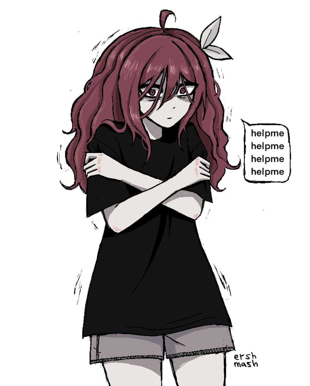 ershmash, kasane teto, utau, highres, 1girl, ahoge, artist name, black shirt, grey shorts, hair between eyes, hair down, hair ribbon, holding own arm, long hair, loosely tucked bangs, red eyes, red hair, ribbon, shirt, short sleeves, shorts, signature, simple background, solo, speech bubble, trembling, white background, white ribbon