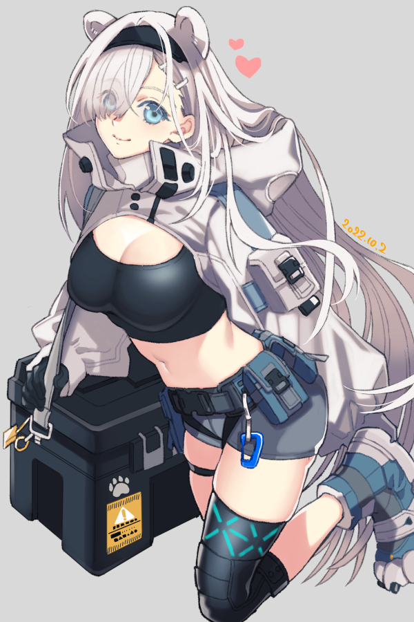 nishi juuji, aurora (arknights), aurora (elite ii) (arknights), infection monitor (arknights), arknights, commentary, 1girl, absurdly long hair, animal ears, bear ears, black gloves, black hairband, blue eyes, breasts, clawed boots, cleavage, crop top, dated, foot out of frame, gloves, grey background, grey shorts, hairband, heart, holding cooler, large breasts, long hair, long sleeves, looking at viewer, midriff, paw shoes, short shorts, shorts, shrug (clothing), simple background, smile, solo, very long hair, white hair, white shrug