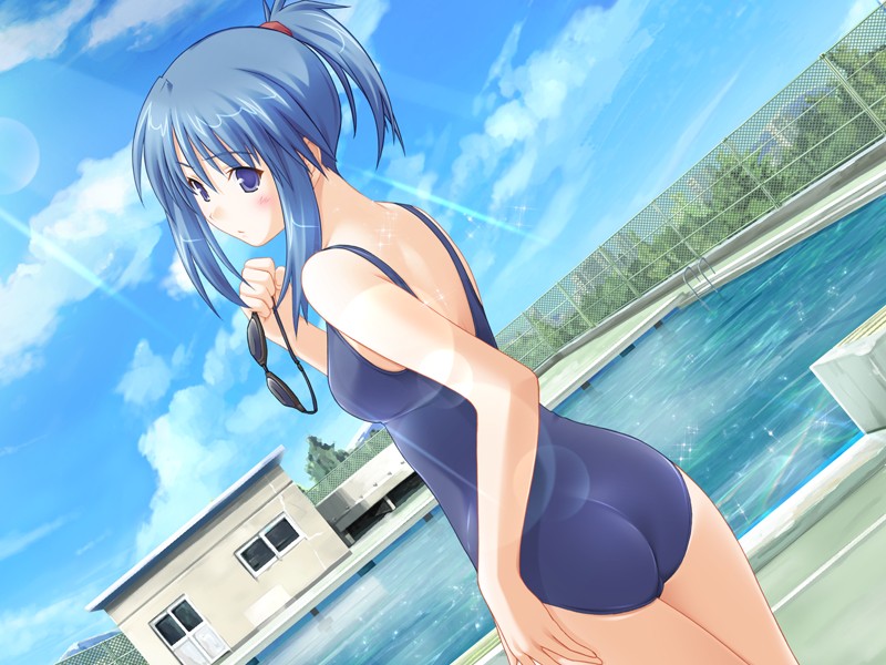 nekonyan, fossette ~cafe au le ciel bleu~, game cg, non-web source, 1girl, ass, blue eyes, blue hair, chain-link fence, cloud, day, dutch angle, female focus, fence, goggles, lens flare, light rays, looking back, matching hair/eyes, one-piece swimsuit, outdoors, ponytail, pool, pool ladder, poolside, school swimsuit, short hair, sky, solo, sparkle, standing, sunbeam, sunlight, swimsuit, unworn goggles, wet