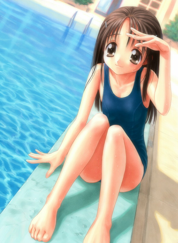 goto p, 1girl, barefoot, brown eyes, brown hair, dutch angle, feet, female focus, long hair, one-piece swimsuit, outdoors, pool, pool ladder, poolside, school swimsuit, solo, swimsuit, wet