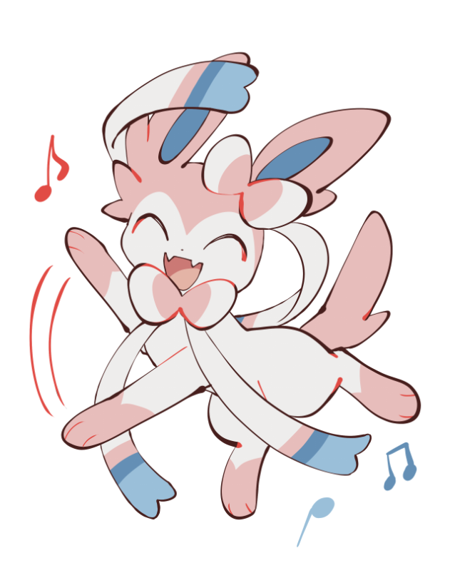 yumeminoideyu2, sylveon, nintendo, pokemon, :d, animal focus, animal hands, bow, closed eyes, dancing, fangs, full body, gen 6 pokemon, looking at viewer, musical note, no humans, open mouth, paw up, pink fur, pokemon (creature), pokemon focus, ribbon, simple background, skin fangs, smile, solo, standing, two-tone fur, white background, white fur