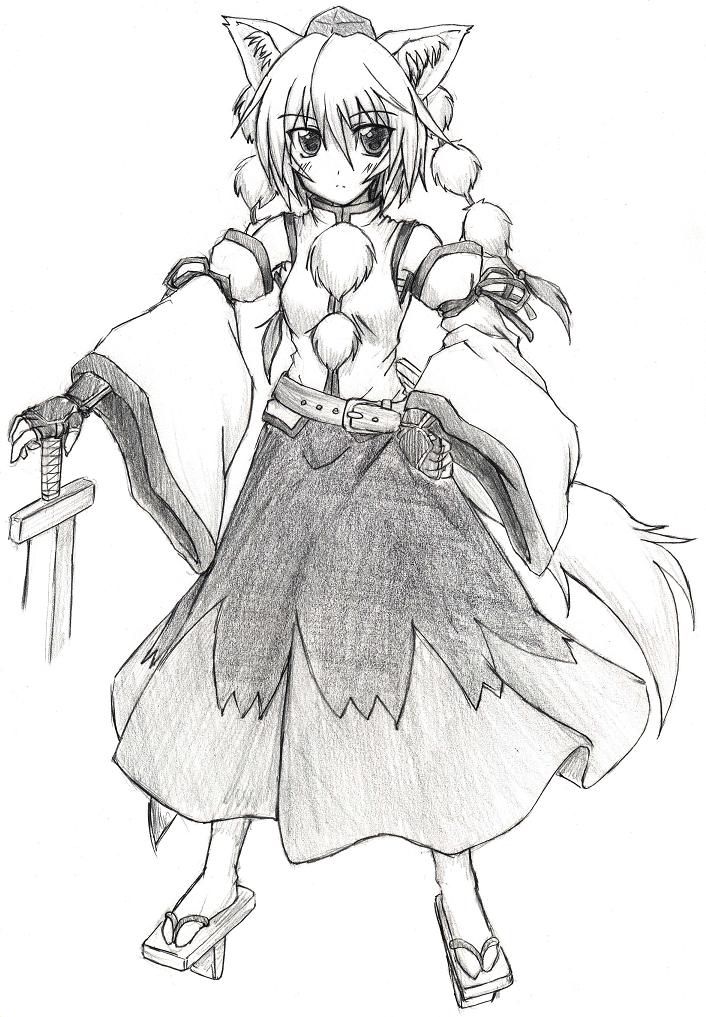 eku, inubashiri momiji, touhou, 1girl, female focus, geta, greyscale, monochrome, solo, sword, tengu-geta, weapon, wolf ears