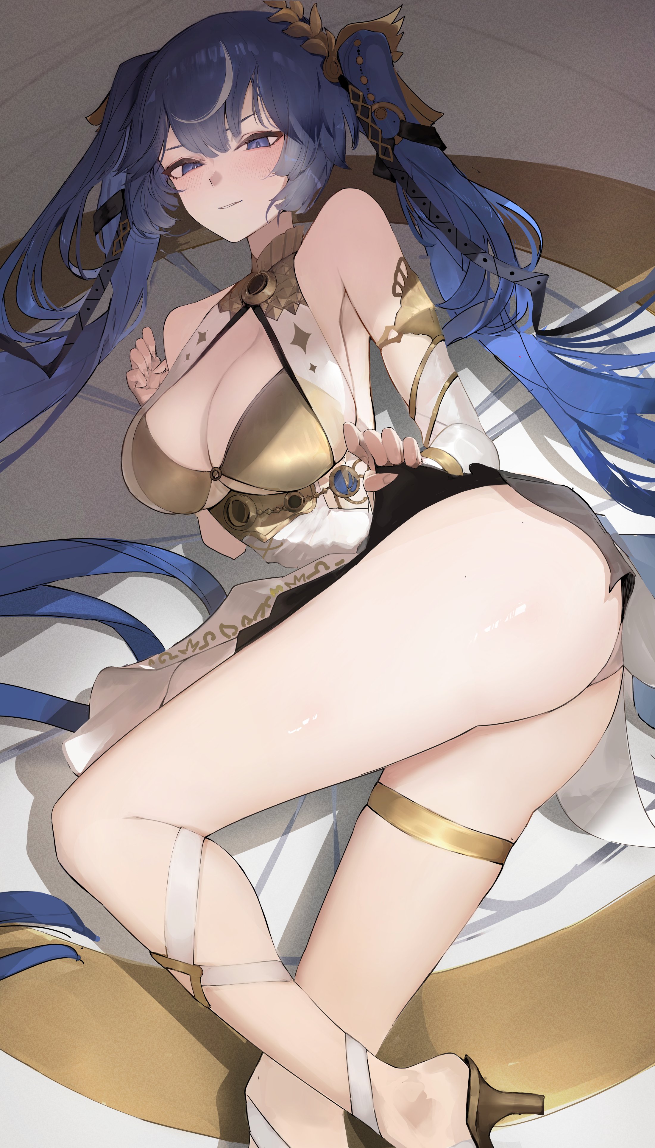 huinjebi, iuno (wuthering waves), wuthering waves, absurdres, commentary, highres, 1girl, armlet, ass, bare shoulders, black skirt, blue eyes, blue hair, blush, breasts, cleavage, fingernails, gold bra, jewelry, large breasts, laurel crown, legs, long hair, looking at viewer, lying, multicolored hair, on side, parted lips, skirt, smile, solo, streaked hair, thighlet, thighs, twintails, very long hair