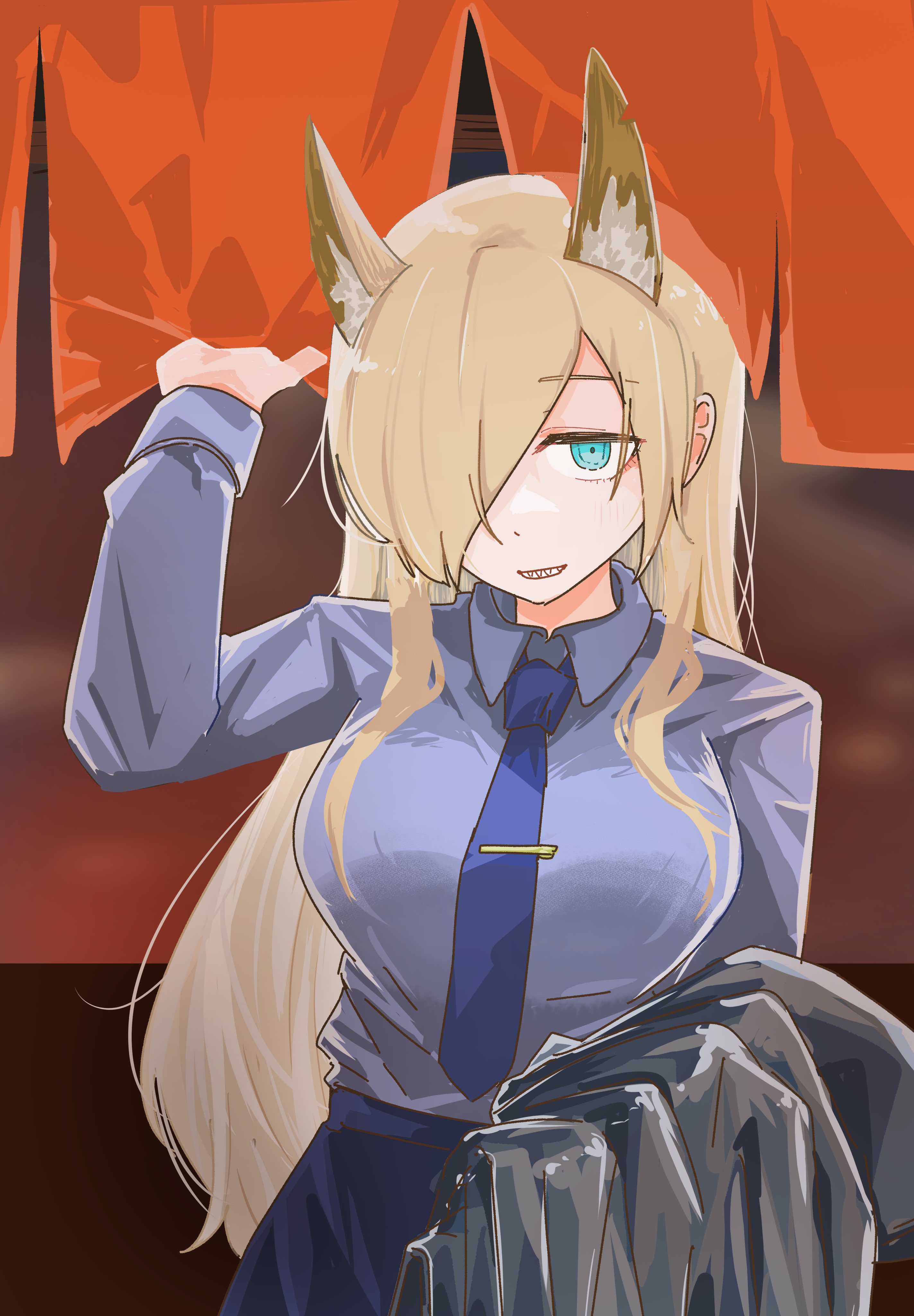 kanna (blue archive), blue archive, absurdres, highres, 001 sugar, 1girl, animal ear fluff, animal ears, blonde hair, blue eyes, dog ears, dog girl, extra ears, hair over one eye, long hair, long sleeves, looking at viewer, notched ear, sharp teeth, solo, teeth