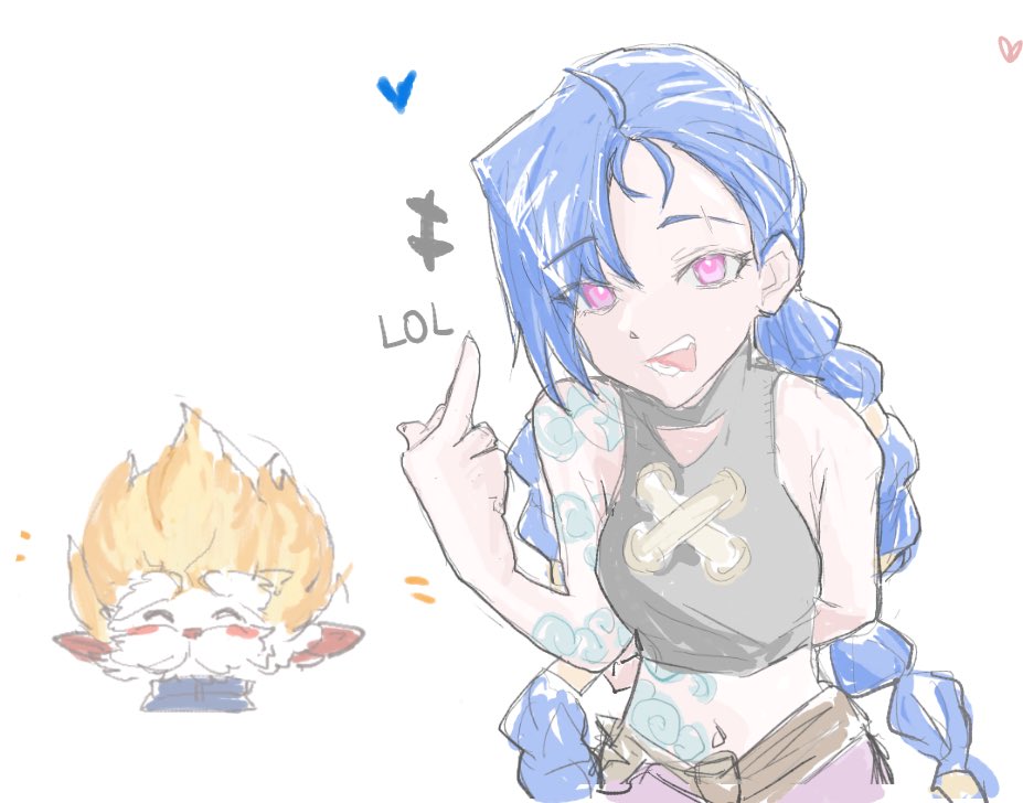 n nai nai n, arcane jinx, heimerdinger, jinx (league of legends), arcane: league of legends, league of legends, 1boy, 1girl, blue hair, braid, crop top, heart, long hair, middle finger, navel, open mouth, purple eyes, simple background, tattoo, teeth, tongue, tongue out, twin braids, white background