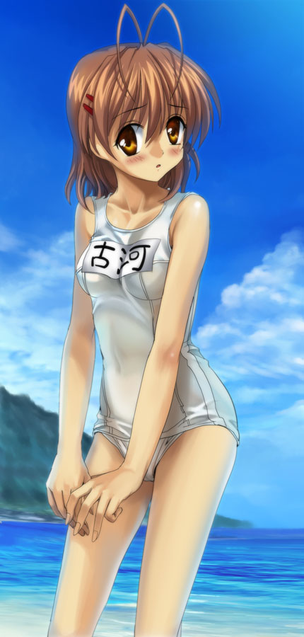 mutsuki (moonknives), furukawa nagisa, clannad, key (company), bad id, bad pixiv id, 00s, 1girl, antenna hair, beach, blush, brown eyes, brown hair, cloud, day, female focus, one-piece swimsuit, outdoors, school swimsuit, sky, solo, swimsuit, white one-piece swimsuit, white school swimsuit
