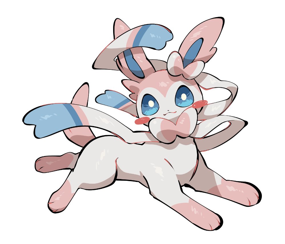yumeminoideyu2, sylveon, nintendo, pokemon, :3, animal focus, animal hands, blue eyes, blush stickers, bow, closed mouth, full body, gen 6 pokemon, looking at viewer, lying, no humans, pink fur, pokemon (creature), pokemon focus, ribbon, simple background, solo, two-tone fur, white background, white fur