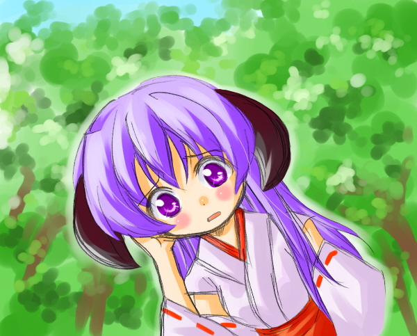 hanyuu, higurashi no naku koro ni, non-web source, 00s, 1girl, bush, detached sleeves, dutch angle, female focus, hakama, hakama skirt, horns, japanese clothes, long hair, miko, purple eyes, purple hair, red hakama, skirt, solo