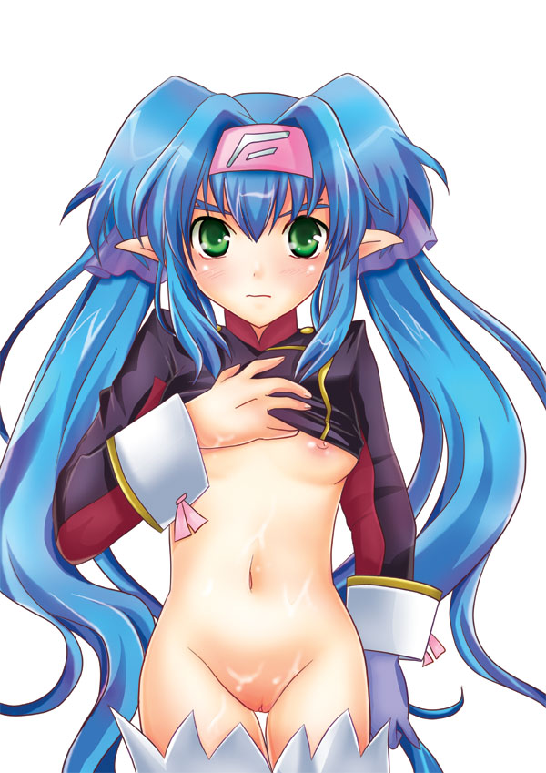 amane mari, amanemari, klan klein, macross, macross frontier, 00s, 1girl, blue hair, breasts, clothes lift, female focus, green eyes, headband, long hair, nipple slip, nipples, no panties, pointy ears, shirt lift, small breasts, solo, thighhighs, uncensored