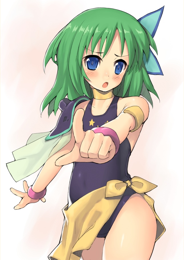 nagase haruhito, rydia (ff4), rydia (young) (ff4), final fantasy, final fantasy iv, bad id, bad pixiv id, 1990s (style), 1girl, aged down, blue eyes, blush, child, female focus, gradient background, green hair, pointing, retro artstyle, solo