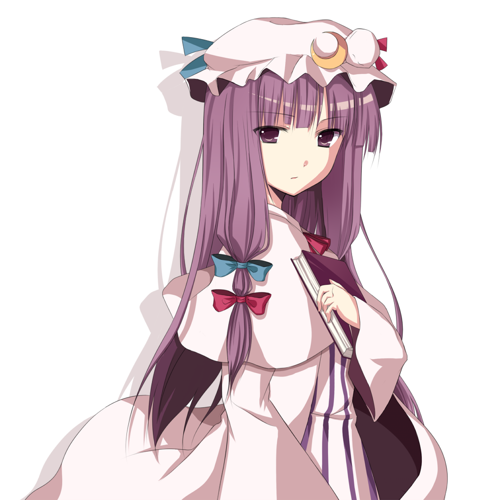 lasa, lasa (2percent), patchouli knowledge, touhou, bad id, bad pixiv id, 1girl, book, crescent hat ornament, female focus, hat, hat ornament, long hair, pajamas, purple eyes, purple hair, ribbon, solo