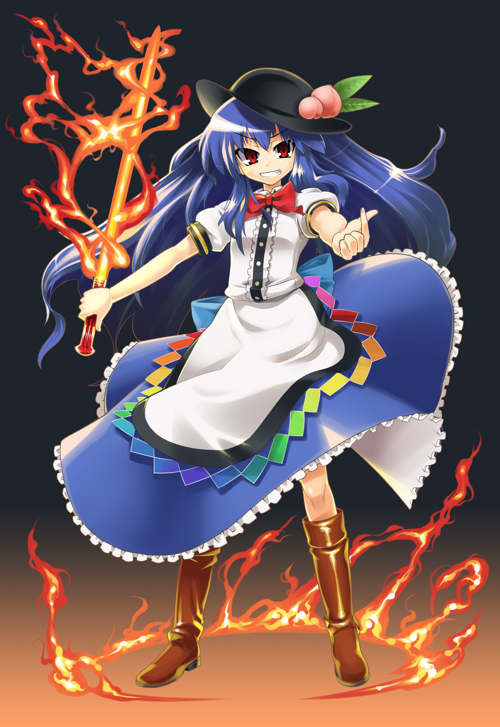 gengorou, hinanawi tenshi, touhou, absurdres, bad id, bad pixiv id, highres, 1girl, blue hair, boots, dress, female focus, fire, food, fruit, full body, gradient background, grin, hat, long hair, peach, red eyes, smile, solo, sword, sword of hisou, weapon