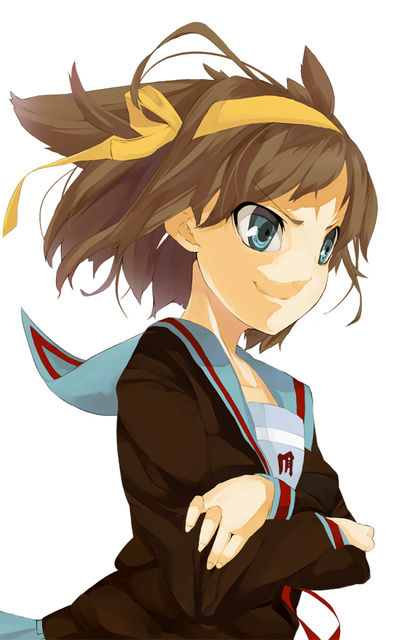 koba, suzumiya haruhi, suzumiya haruhi no yuuutsu, bad id, bad pixiv id, 00s, blue eyes, brown hair, cardigan, hairband, school uniform, serafuku, short hair, smirk, solo