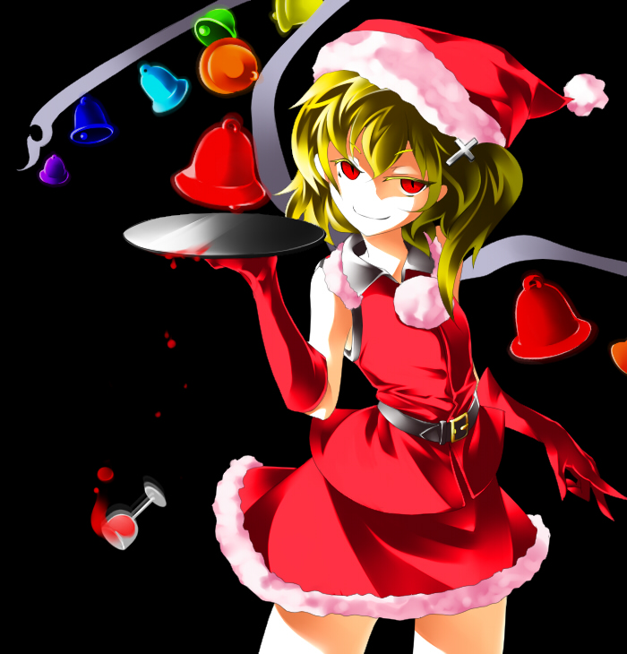 amagi xx, amaki someichi, flandre scarlet, touhou, 1girl, alternate wings, bell, blonde hair, christmas, colored eyelashes, cup, drinking glass, eyelashes, female focus, gloves, hat, no nose, red eyes, red gloves, santa costume, smirk, solo, spill, tray, wine glass, wings