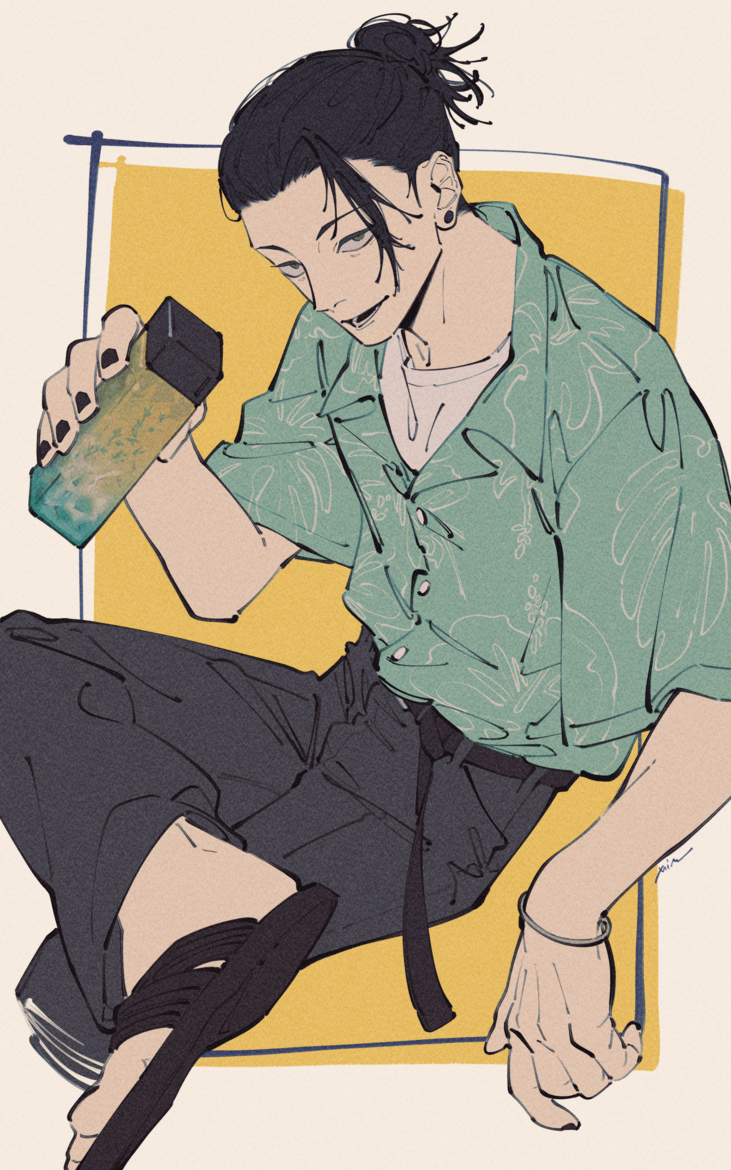 mim (mimya0600), getou suguru, jujutsu kaisen, commentary, highres, 1boy, arm up, belt, black belt, black eyes, black hair, black nails, black pants, bracelet, buttons, crew neck, crossed legs, earrings, green shirt, hair bun, holding, jewelry, lapels, looking at viewer, male focus, nail polish, notched lapels, open mouth, pants, piercing, print shirt, sandals, sanpaku, shirt, short sleeves, single hair bun, sitting, smile, solo, stud earrings, t-shirt, white shirt