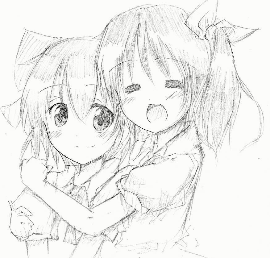 dorago (doraemon4), cirno, daiyousei, embodiment of scarlet devil, touhou, bad id, bad pixiv id, 2girls, female focus, greyscale, hug, monochrome, multiple girls, sketch