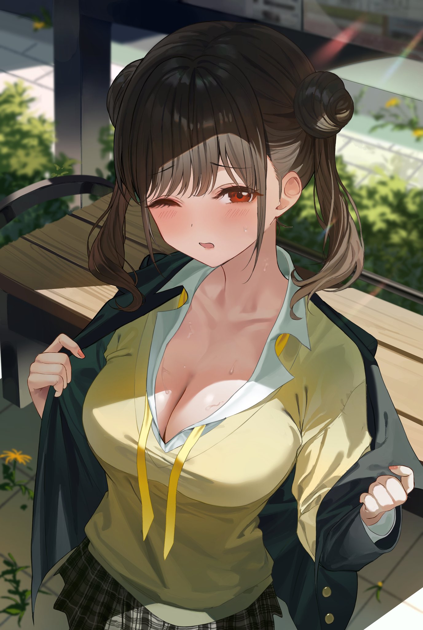shaffelli, sonoda chiyoko, idolmaster, idolmaster shiny colors, highres, 1girl, black jacket, black skirt, blush, breasts, brown hair, cardigan, cleavage, collarbone, double bun, hair bun, jacket, large breasts, looking at viewer, neck ribbon, one eye closed, open clothes, open jacket, open mouth, opened by self, plaid clothes, plaid skirt, pleated skirt, red eyes, ribbon, skirt, solo, twintails, untied ribbon, yellow cardigan, yellow ribbon