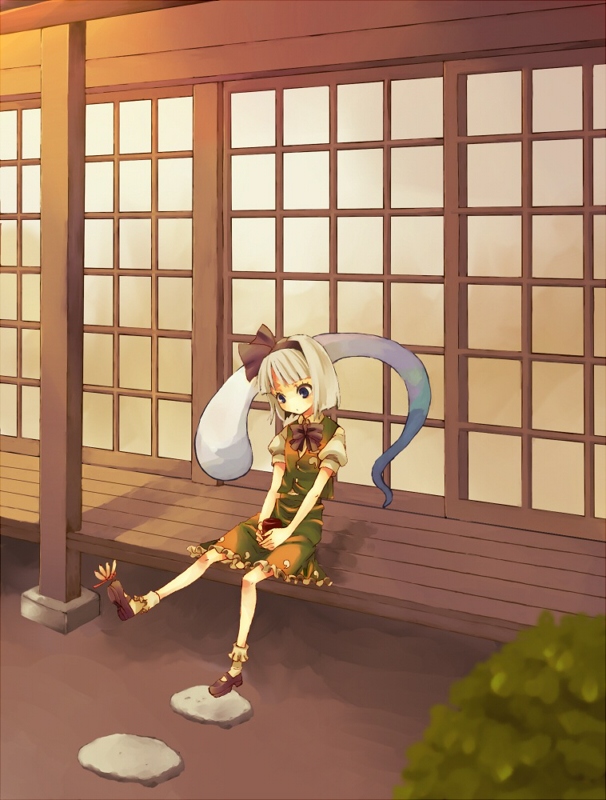 hidari (coletica), konpaku youmu, konpaku youmu (ghost), touhou, bad id, bad pixiv id, 1girl, blue eyes, bob cut, bobby socks, bow, bowtie, bug, dragonfly, drink, female focus, hairband, hitodama, insect, leg lift, mary janes, shoes, short hair, sitting, socks, solo, sunset, veranda, white hair, white socks