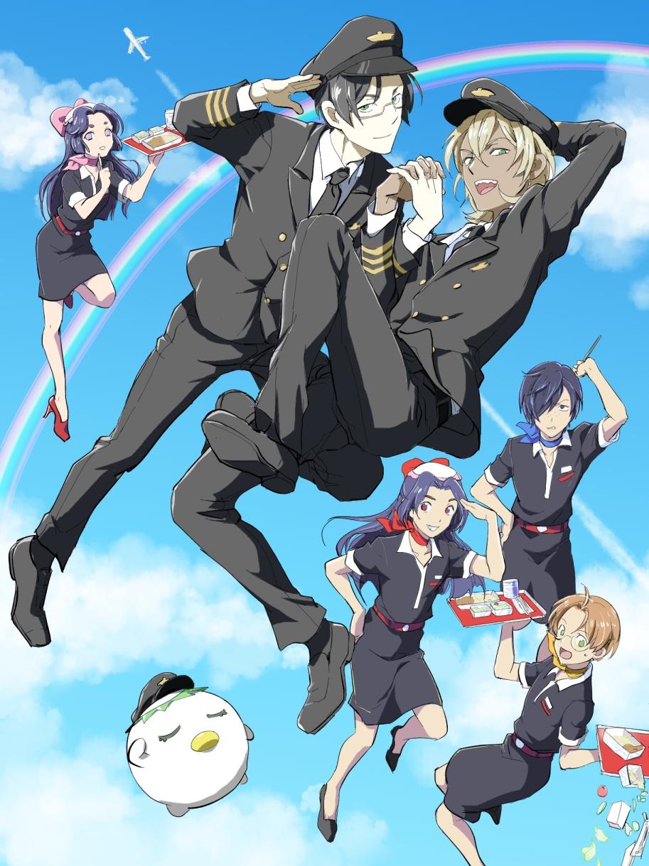 moyo (inuchiyo), akutsu mabu, azuma sara, jinnai enta, keppi, kuji toi, niiboshi reo, yasaka kazuki, sarazanmai, commentary request, highres, 1girl, 5boys, aircraft, airplane, arm up, azuma sara (cosplay), black hat, black jacket, black necktie, black pants, black shoes, black skirt, brown hair, cosplay, crossdressing, floating, freckles, grin, hair over one eye, hat, holding, holding tray, index finger raised, jacket, kappa, male focus, multiple boys, neck ribbon, necktie, open mouth, pants, peaked cap, pilot, purple hair, rainbow, red eyes, ribbon, salut, shoes, short hair, skirt, sky, smile, tan, travel attendant, tray, yaoi