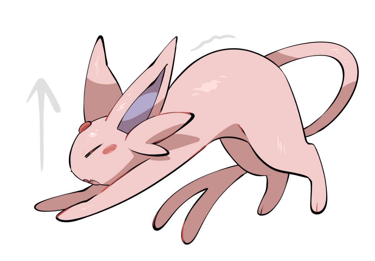 yumeminoideyu2, espeon, nintendo, pokemon, :o, animal focus, animal hands, blush stickers, closed eyes, fang, forehead jewel, forked tail, full body, gem, gen 2 pokemon, looking to the side, no humans, open mouth, pokemon (creature), pokemon focus, purple fur, red gemstone, simple background, skin fang, solo, standing, stretching, tail, white background