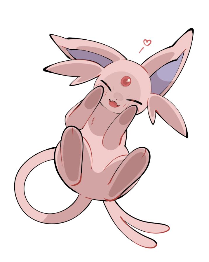 yumeminoideyu2, espeon, nintendo, pokemon, :d, animal focus, animal hands, closed eyes, fangs, forehead jewel, forked tail, full body, gem, gen 2 pokemon, heart, looking at viewer, looking down, no humans, open mouth, pokemon (creature), pokemon focus, purple fur, red gemstone, simple background, sitting, skin fangs, smile, solo, tail, white background