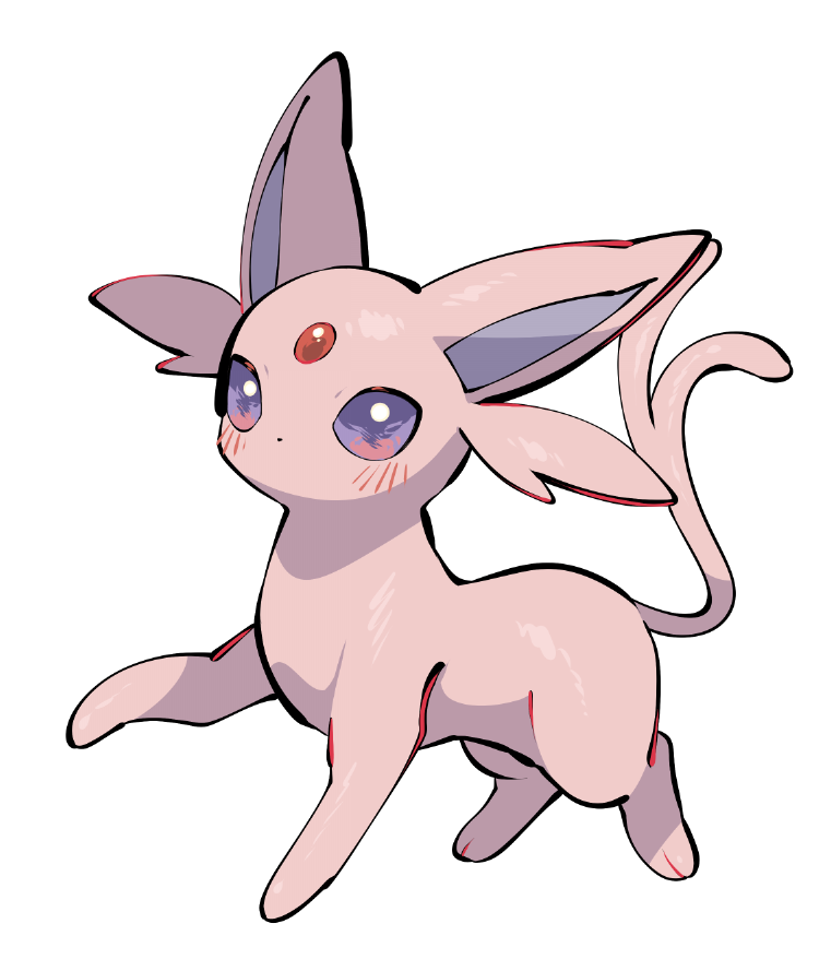 yumeminoideyu2, espeon, nintendo, pokemon, animal focus, animal hands, blush, forehead jewel, forked tail, full body, gem, gen 2 pokemon, looking at viewer, no humans, no mouth, pokemon (creature), pokemon focus, purple eyes, purple fur, red gemstone, simple background, solo, standing, tail, white background