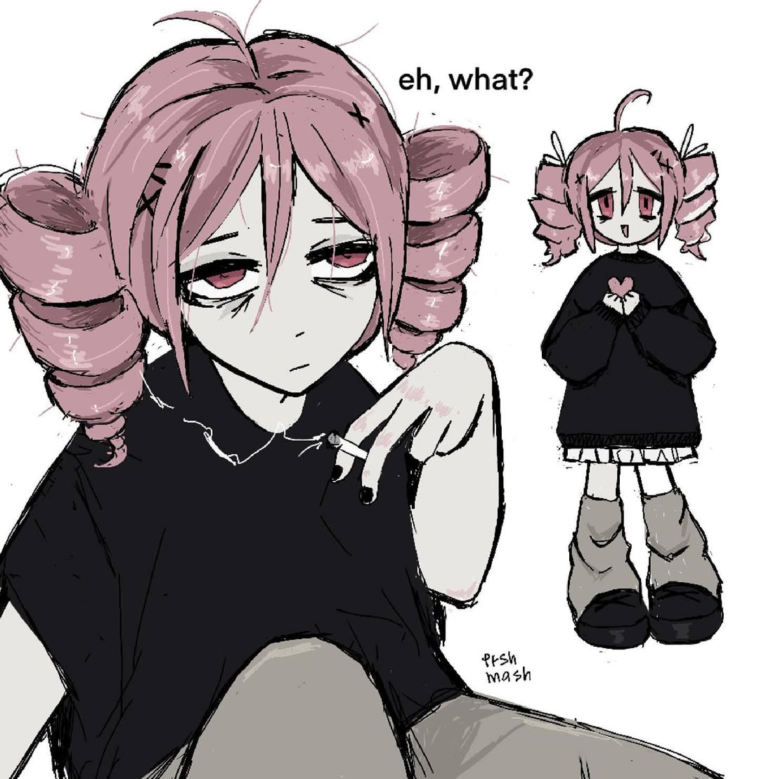 ershmash, kasane teto, utau, 1girl, ahoge, artist name, bags under eyes, black nails, black shirt, black shoes, cigarette, drill hair, english text, grey leg warmers, hair between eyes, hair ornament, hair ribbon, hairclip, hand up, holding, holding cigarette, leg warmers, long sleeves, nail polish, pleated skirt, ranguage, red hair, ribbon, shirt, shoes, short hair, short sleeves, skirt, smoke, solo, twin drills, white ribbon, white skirt