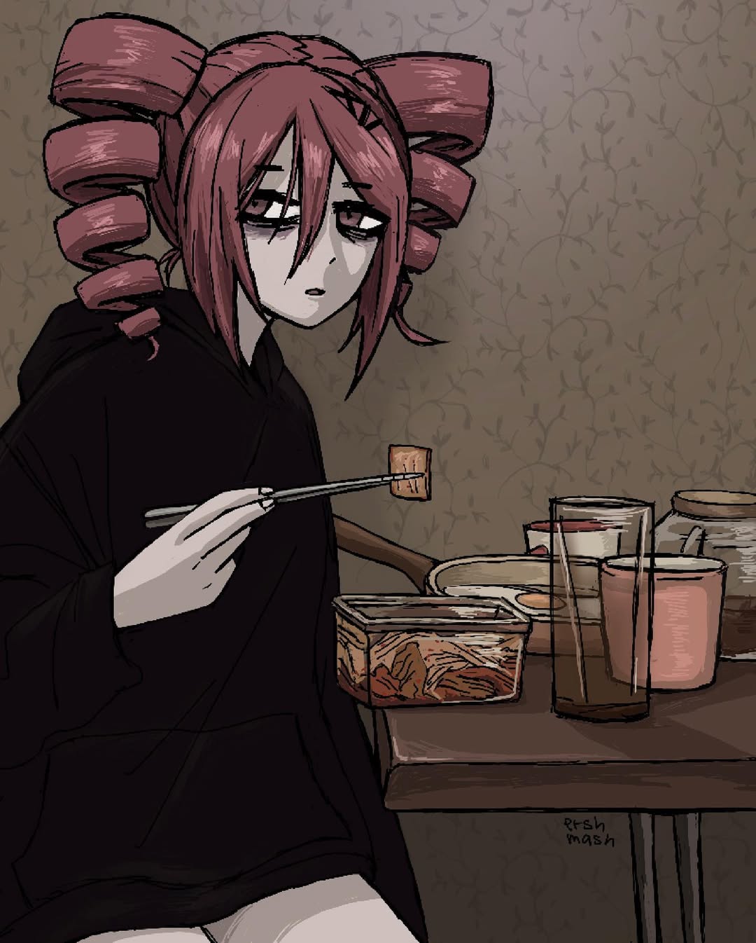 ershmash, kasane teto, utau, highres, 1girl, artist name, bags under eyes, black hoodie, chopsticks, cup, drill hair, egg (food), food, fried egg, frying pan, hair between eyes, holding, holding chopsticks, hood, hood down, hoodie, jar, long sleeves, parted lips, red eyes, red hair, short hair, solo, table, twin drills
