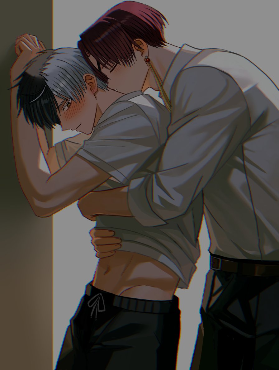 hyohls2 (hamao3o), sakura haruka (wind breaker), suo hayato, wind breaker (nii satoru), 2boys, black hair, black pants, black shorts, closed eyes, closed mouth, earrings, eyepatch, from behind, grey hair, hair between eyes, jewelry, male focus, multicolored hair, multiple boys, navel, open clothes, open shirt, pants, red hair, shirt, short hair, shorts, split-color hair, stomach, tassel, tassel earrings, two-tone hair, white shirt, yaoi, yellow eyes