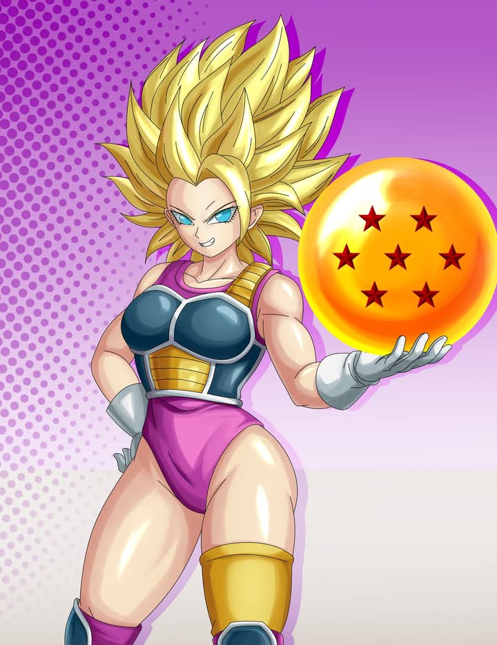 caulifla, seripa, dragon ball, dragon ball super, dragonball z, copyright request, boots, collarbone, cosplay, dragon ball gekishin squadra, gloves, gradient background, green eyes, hands on own head, knee pads, leotard, long hair, pink leotard, purple background, saiyan, saiyan armor, seripa (cosplay), super saiyan, super saiyan 2, thighhighs, vest, white background, white boots, white gloves, yellow thighhighs