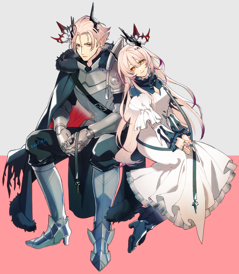 nishi juuji, civilight eterna, theresa (arknights), theresis (arknights), arknights, commentary, 1boy, 1girl, armor, black cape, black shrug, brother and sister, cape, colored tips, dated, dress, frown, fur-trimmed cape, fur trim, gauntlets, greaves, head on another's shoulder, horns, invisible chair, long hair, looking at viewer, multicolored hair, orange eyes, pink background, pink hair, pointy ears, short hair, shrug (clothing), siblings, sitting, smile, two-tone background, white background, white dress