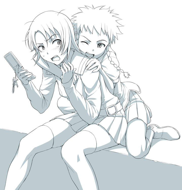nigou, minagi mikoto, yuuki nao, my-hime, 00s, 2girls, blue theme, cellphone, monochrome, multiple girls, one eye closed, phone, school uniform, short hair, sitting, thighhighs, wink, zettai ryouiki