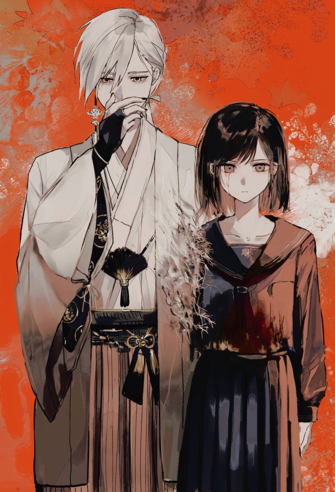 fox mask (silent hill), shimizu hinako, silent hill (series), silent hill f, highres, 1boy, 1girl, black sailor collar, black sclera, black serafuku, colored sclera, earrings, japanese clothes, jewelry, kimono, neckerchief, red neckerchief, robe, sailor collar, school uniform, serafuku, tassel, tassel earrings, torn sleeve, tsuma, white hair, white kimono, white robe