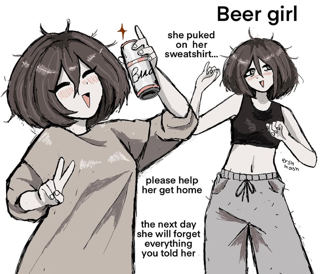 ershmash, original, 1girl, arm up, artist name, bags under eyes, beer can, black sports bra, blush, breasts, brown hair, brown sweater vest, can, closed eyes, drawstring, drink can, english text, grey pants, grey shirt, hair between eyes, hand up, holding, holding can, medium breasts, navel, open mouth, pants, shirt, short hair, short sleeves, signature, simple background, smile, solo, sports bra, sweater vest, sweatpants, v, white background, yellow eyes