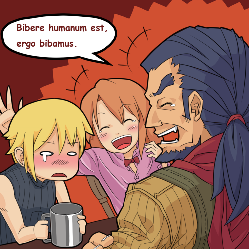 tenjin, paladin (sekaiju), paladin 1 (sekaiju), swordsman (sekaiju), swordsman 2 (sekaiju), atlus, etrian odyssey, lowres, 1girl, 2boys, ^ ^, beard, blonde hair, blue facial hair, blue hair, blush, bow, bowtie, closed eyes, cup, facial hair, latin text, multiple boys, orange hair, tears