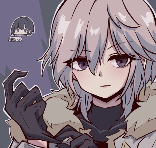 kawamochi (kawauti919), anastasia (idolmaster), shirayuki chiyo, idolmaster, idolmaster cinderella girls, 2girls, adjusting clothes, adjusting gloves, black background, black gloves, black hair, black shirt, chibi, chibi inset, covered collarbone, fur-trimmed jacket, fur trim, glove pull, gloves, grey eyes, grey hair, grey jacket, grey outline, hair between eyes, hands up, jacket, jitome, long sleeves, looking at viewer, multicolored hair, multiple girls, outline, purple background, shirt, solo focus, two-tone hair, upper body