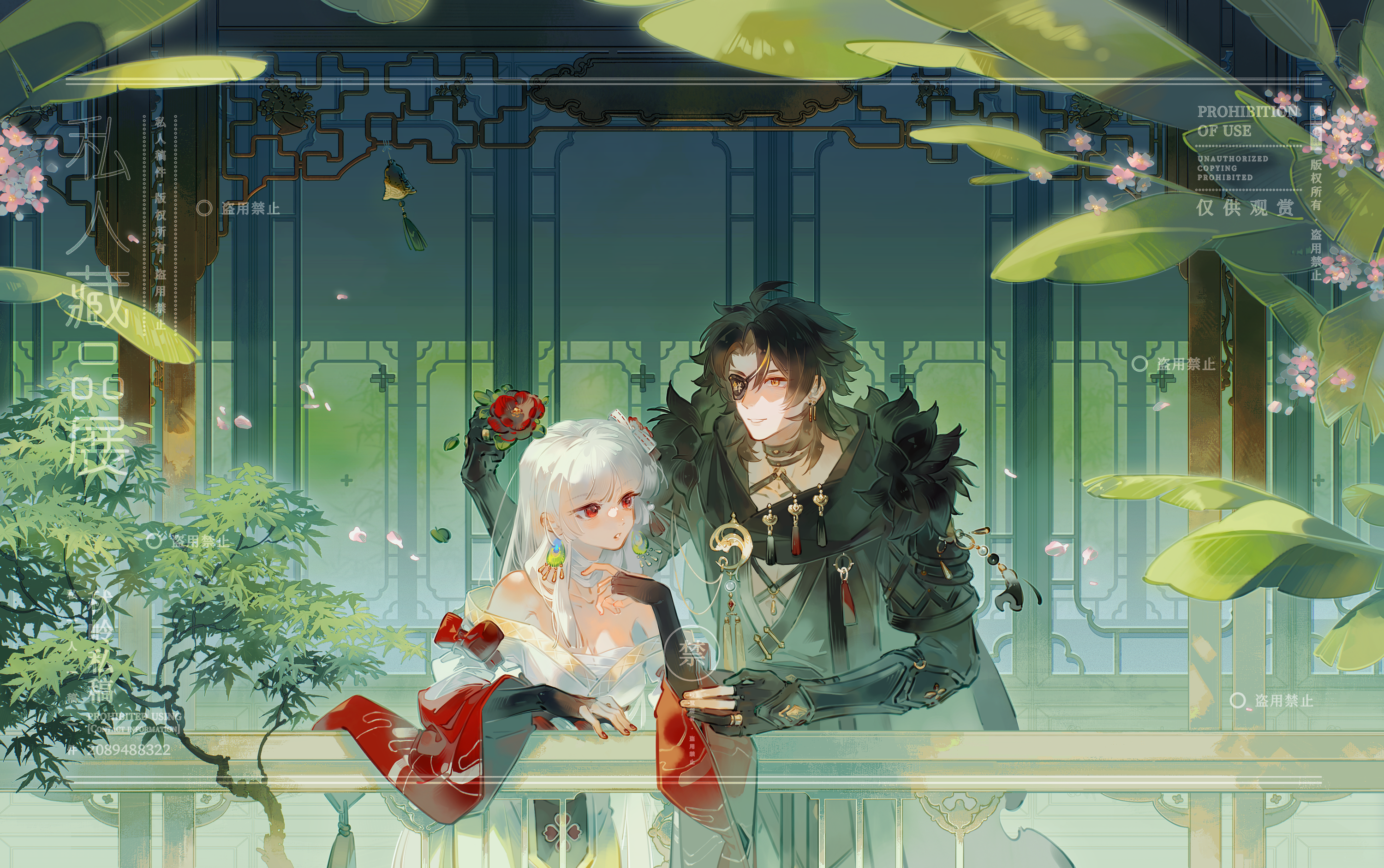 shuling, original, the tale of food, commission, highres, procreate (medium), 1boy, 1girl, against railing, architecture, arm guards, bare shoulders, bell, black cape, black choker, black gloves, black robe, black scarf, bow, breasts, camellia, cape, chinese clothes, choker, cleavage, collarbone, cowboy shot, criss-cross straps, curtained hair, day, dress, earrings, east asian architecture, egasumi, elbow gloves, elbow rest, eyepatch, falling leaves, falling petals, feather earrings, feathers, fingerless gloves, flower, fur-trimmed cape, fur trim, gloves, hair bow, hand up, hanfu, holding, holding flower, jewelry, lattice, leaf, light blush, long hair, long sleeves, looking at another, looking at object, medium hair, nail polish, neck tassel, oc x canon, off shoulder, orange lips, outdoors, parted bangs, parted lips, partially fingerless gloves, peacock feathers, petals, pink flower, plunging neckline, putting on headwear, railing, red bow, red eyes, red flower, red nails, red sleeves, robe, scarf, short sleeves, sideways glance, sleeve bow, smile, standing, tassel, treasure in fish (the tale of food), tree, veranda, watermark, white bow, white dress, white hair, white hanfu, wide sleeves, window, yaopei, yellow eyes