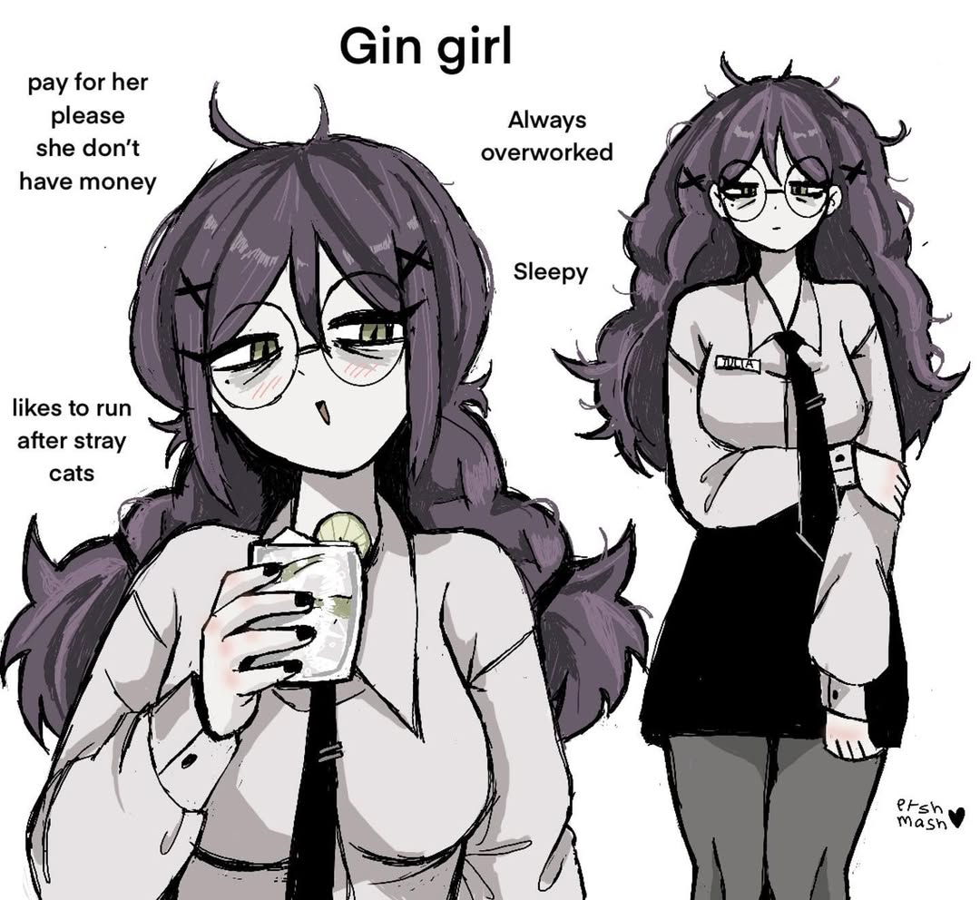 ershmash, original, 1girl, arm under breasts, black eyeliner, black nails, black necktie, black skirt, blush, braid, breasts, closed mouth, collared shirt, cup, english text, eyeliner, food, fruit, glass, grey pants, hair between eyes, hand up, holding, holding cup, lemon, lemon slice, light smile, long hair, long sleeves, low twin braids, makeup, medium breasts, messy hair, nail polish, necktie, open mouth, pants, pencil skirt, purple hair, shirt, shirt tucked in, simple background, skirt, smile, solo, tie clip, twin braids, very long hair, white background, white shirt, yellow eyes