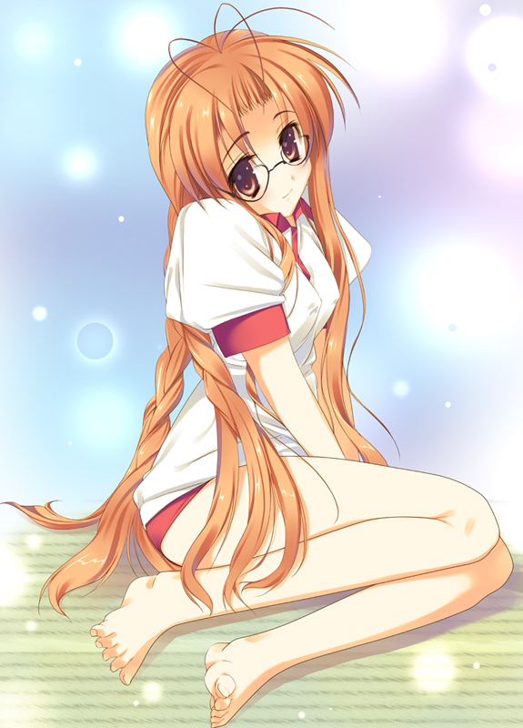 arikawa satoru, furukawa sanae, clannad, 00s, 1girl, antenna hair, barefoot, braid, breasts, brown eyes, brown hair, covered erect nipples, feet, female focus, glasses, gym uniform, long hair, mature female, semi-rimless eyewear, sitting, small breasts, solo, twin braids, twintails, under-rim eyewear, yokozuwari