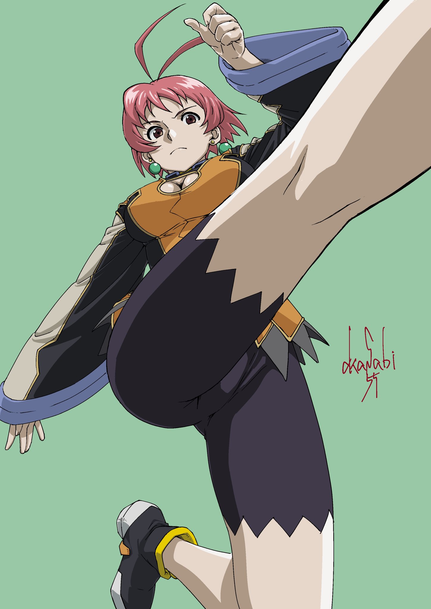 matsukawa tetsuya, mei yu, zegapain, highres, 1girl, antenna hair, bike shorts, breasts, brown eyes, cleavage, closed mouth, earrings, foot out of frame, frown, jewelry, kicking, looking at viewer, pink hair, short hair, simple background, solo