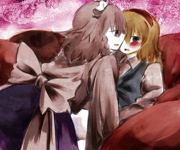 marisu, alice margatroid, izayoi sakuya, touhou, bad id, bad pixiv id, 2girls, blonde hair, blue eyes, blush, braid, female focus, gradient background, hairband, maid, multiple girls, short hair, yuri